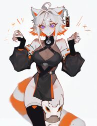 1girl ahoge animal_ears blush breasts demenishki detached_sleeves fang highres indie_virtual_youtuber jewelry medium_breasts multicolored_hair orange_hair purple_eyes raccoon_tail ring solo tail thighs virtual_youtuber white_hair zandorii