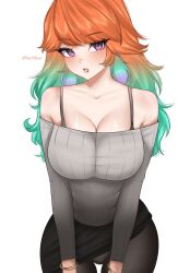 1girl absurdres alternate_costume bare_shoulders black_pantyhose black_skirt bra_strap bracelet breasts cleavage earrings feather_earrings feathers gradient_hair green_hair helldeer highres hololive hololive_english jewelry large_breasts long_hair looking_at_viewer miniskirt multicolored_hair orange_hair pantyhose purple_eyes ribbed_sweater simple_background skirt solo sweater takanashi_kiara virtual_youtuber white_background