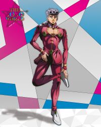 Rule 34 | 1boy, anime coloring, braid, cleavage cutout, clothing cutout, commentary, earrings, english commentary, full body, genda art, giorno giovanna, grey eyes, grey hair, hand on own foot, hand on own hip, heart cutout, high collar, highres, jacket, jewelry, jojo no kimyou na bouken, ladybug ornament, logo, long sleeves, looking at viewer, male focus, official style, pants, parted lips, pectoral cleavage, pectorals, red jacket, red pants, shoes, single braid, solo, standing, standing on one leg, stud earrings, teeth, vento aureo, white shoes, wing ornament, yellow lips