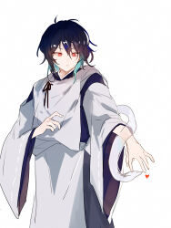 Rule 34 | 1girl, alternate costume, alternate hair color, black hair, black kimono, blue hair, cerevevisiae, closed mouth, commentary request, cowboy shot, expressionless, flat chest, hagoromo, hair between eyes, heart, highres, japanese clothes, kariginu, kimono, miyako yoshika, miyako yoshika (living), multicolored hair, red eyes, shawl, short hair, simple background, solo, touhou, two-tone hair, white background