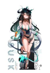 1girl absurdres arknights bikini black_bikini black_choker black_hair breasts character_name choker commentary_request dragon_girl dragon_tail dusk_(arknights) earrings eastern_dragon_horns green_hair highres jacket jewelry large_breasts orange_eyes pointy_ears sandals simple_background stomach swimsuit tail thigh_strap tropical_drink two-tone_background white_background white_jacket yuki_(yuki_yu_owo)