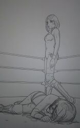 2girls artist_request catfight greyscale highres monochrome multiple_girls sketch sketchbook tagme wrestling wrestling_outfit wrestling_ring