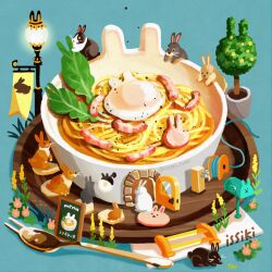 animal animal_print animal_slippers artist_name blue_background border bowl egg_(food) english_text flower food food_focus fork issiki_toaki lamp lamppost napkin no_humans noodles original pasta plant plate potted_plant rabbit rabbit_print sign simple_background slippers soup spoon table tree
