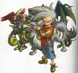 Rule 34 | 1boy, 4others, absurdres, arm guards, arm tattoo, bat wings, black fur, blue eyes, blue pants, blue scales, brown shoes, capri pants, chain, collarbone, creature request, dragon quest, dragon quest monsters, dragon quest monsters joker, earrings, feathers, gem, gold earrings, gorilla, green eyes, green gemstone, hero (dqmj), highres, holding, holding chain, hoop earrings, jewelry, looking ahead, looking at viewer, looking up, multiple others, neckerchief, official art, pants, red feathers, red neckerchief, red sash, ring, sash, scan, shoes, short hair, single earring, spiked hair, tattoo, third-party source, toriyama akira, torn clothes, torn pants, vest, white background, white fur, white hair, wings, wolf, wulfspade, yellow vest