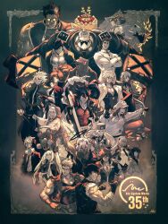 anniversary arc_system_works baiken billy_lee blazblue bridget_(guilty_gear) cake commentary company_connection crossover david_liu double_dragon english_commentary faust_(guilty_gear) food giovanna_(guilty_gear) guilty_gear guilty_gear_strive happy_chaos highres iron_tager jack-o&#039;_valentine jimmy_lee kido_hyde kisaragi_jin kunio-kun kunio-kun_series ky_kiske linne_(under_night_in-birth) looking_at_viewer may_(guilty_gear) millia_rage monochrome mr._dolphin_(guilty_gear) multiple_boys multiple_crossover multiple_girls muscular muscular_male naoto_kurogane noel_vermillion potemkin_(guilty_gear) rachel_alucard ragna_the_bloodedge rei_(guilty_gear) riki_(kunio-kun) roger_(guilty_gear) serious smile sol_badguy torn_clothes torn_sleeves under_night_in-birth