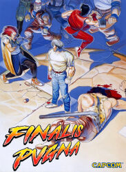 blonde_hair blood capcom cody_travers fighting final_fight flying_kick guy_(final_fight) hugo_andore kicking knockout latin_text