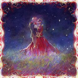 2girls closed_eyes dark-skinned_female dark_skin dated dress epaulettes glasses gloves grass highres himemiya_anthy holding_hands long_hair multiple_girls night pink_hair purple_hair red_dress short_hair shoujo_kakumei_utena tenjou_utena tiara will-o&#039;-the-wisp_(mythology) windychariot yuri