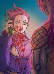 2boys alrlmigi animal blood blood_from_mouth blood_on_clothes blood_on_face braid cleavage_cutout clothing_cutout commentary_request crop_top diavolo fishnet_top fishnets freckles frog highres holding holding_animal holding_frog jojo_no_kimyou_na_bouken korean_commentary long_hair long_sleeves looking_at_another male_focus midriff multiple_boys nosebleed pectoral_cleavage pectorals pink_hair purple_sweater ribbed_sweater sweater turtleneck turtleneck_sweater v-shaped_eyebrows vento_aureo vinegar_doppio yellow_eyes