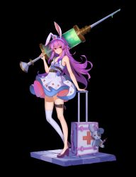 1girl absurdres alternate_costume animal_ears bad_id bad_pixiv_id bare_arms bare_shoulders belt black_background black_belt black_footwear breasts commentary cross dress female_focus full_body grey_hairband hair_between_eyes hairband hand_up high_heels highres holding holding_syringe long_hair looking_at_viewer mxr purple_hair rabbit_ears red_cross red_eyes reisen_udongein_inaba rolling_suitcase short_dress sidelocks simple_background single_thighhigh sleeveless sleeveless_dress small_breasts solo standing stuffed_animal stuffed_rabbit stuffed_toy suitcase syringe thigh_strap thighhighs thighs touhou very_long_hair white_dress white_thighhighs