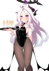 1girl absurdres ahoge alternate_costume black_halo blue_archive blush breasts covered_navel cup demon_girl demon_horns demon_wings drinking_glass halo highres hina_(blue_archive) holding holding_tray horns leotard loli long_hair looking_at_viewer low_wings pia_(botamochinjufu) playboy_bunny purple_eyes small_breasts solo standing thighs tray very_long_hair white_hair wings