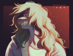 1girl brown_hair colored_skin commentary crescent deltarune english_commentary furry furry_female grin long_hair purple_skin red_background reptile_girl sharp_teeth shirt signature smile solo star_(symbol) susie_(deltarune) teeth thelostmoongazer white_shirt