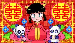 1girl steamed_bun black_hair blue_flower blush_stickers bun_cover chinese_clothes double_bun flower food fruit fujishima_moyu green_eyes hair_bun hands_in_opposite_sleeves highres looking_at_viewer original panda peach red_background red_shirt shirt short_hair smile translation_request