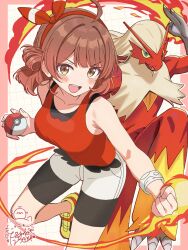 Rule 34 | 1girl, absurdres, ahoge, bandana, bike shorts, bike shorts under shorts, blaziken, blush, bow hairband, breasts, brown eyes, brown hair, cosplay, fire, gakuen idolmaster, gen 3 pokemon, gradient hair, hairband, hanami ume, highres, hiyoko neneko, holding, holding poke ball, idolmaster, large breasts, looking at viewer, may (pokemon), may (pokemon) (cosplay), mega ring, multicolored hair, nintendo, open mouth, poke ball, poke ball (basic), pokemon, pokemon (creature), pokemon oras, red bandana, red shirt, shirt, shorts, shorts under shorts, sleeveless, smile, solo