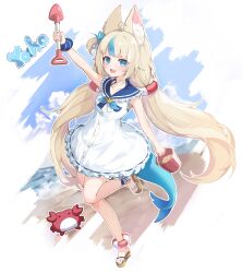 Rule 34 | 1girl, animal ears, blonde hair, blue collar, blue eyes, blue hair, blue nails, bucket, cat ears, collar, dress, fins, fish girl, fish tail, frilled shirt collar, frills, highres, holding, holding bucket, holding shovel, indie virtual youtuber, kyuu (chiu850513), long hair, low twintails, multicolored hair, nail polish, open mouth, sameko saba, sand bucket, sandals, shovel, sleeveless, sleeveless dress, smile, solo, streaked hair, tail, twintails, very long hair, virtual youtuber, white dress