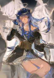 Rule 34 | 1girl, 4others, absurdres, adjusting hair, ambience synesthesia, arknights, black dress, black horns, crossed legs, deng wo qu shang ge cesuo, dress, gloves, halo, highres, horns, long hair, long sleeves, looking at viewer, mostima (arknights), mostima (ethereal harmony) (arknights), multiple others, purple eyes, purple gloves, purple hair, sidelocks, single glove, single wide sleeve