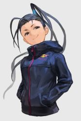 Rule 34 | 1girl, antenna hair, black hair, capcom, female focus, grey background, hands in pockets, head tilt, high ponytail, hood, hood down, hoodie, hungry clicker, ibuki (street fighter), long hair, ponytail, product placement, red bull, smile, smirk, solo, street fighter, street fighter iii, street fighter v, zipper