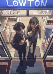 2boys :q absurdres backpack bag steamed_bun black_footwear black_hair black_sweater blazer blue_eyes blue_jacket box can cardigan collared_shirt convenience_store doormat drink_can earrings food freezer from_above from_outside full_body giving glasses grey_cardigan grey_pants hands_up highres holding holding_food jacket jewelry long_sleeves looking_back male_focus mi_(pic52pic) multiple_boys necktie night open_mouth original pants plaid_clothes plaid_pants plaid_scarf red_eyes red_scarf scarf school_bag school_uniform shelf shirt shop short_hair slice_of_life snack soda_can striped_necktie stud_earrings sweater tongue tongue_out