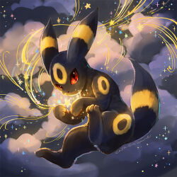 Rule 34 | animal, animal focus, black fur, cloud, colored sclera, fang, gen 2 pokemon, looking at viewer, momomo12, nilomne, nintendo, no humans, pokemon, pokemon (creature), pokemon focus, red eyes, red sclera, solo, stars, umbreon
