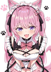1girl absurdres animal_ears animal_hands antenna_hair belt belt_collar black_belt black_choker black_collar black_ribbon black_wrist_cuffs blush bow bowtie breasts choker cleavage collar commentary_request dress fang hair_ribbon hakui_koyori hakui_koyori_(dark_maid) highres hololive hosinonana large_breasts long_hair looking_at_viewer maid maid_headdress open_mouth pink_bow pink_bowtie pink_dress pink_hair purple_eyes ribbon short_sleeves smile solo v_arms virtual_youtuber white_background wolf_ears wolf_girl wrist_cuffs