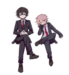 2boys black_eyes black_hair black_jacket black_pants black_socks blue_eyes bright_pupils brown_shoes collared_shirt commentary_request crossed_bangs crossed_legs formal_clothes hair_between_eyes heterochromia highres invisible_chair jacket lapels male_focus multiple_boys necktie notched_lapels open_mouth original own_hands_together pants pink_eyes pink_hair raito-kun_(uenomigi) red_eyes red_necktie red_pupils shirt shoes short_hair shou_(uenomigi) simple_background sitting sketch sleeves_past_wrists socks suit uenomigi white_background white_pupils white_shirt