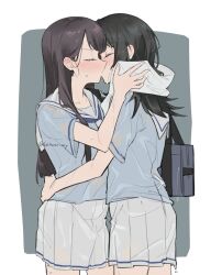 2girls bag bang_dream! bang_dream!_it&#039;s_mygo!!!!! black_hair blue_bag blue_neckerchief blue_shirt blush closed_eyes commentary_request hand_on_another&#039;s_waist highres kiss lehcar long_hair medium_hair multiple_girls neckerchief pleated_skirt sailor_collar shiina_taki shirt shoulder_bag skirt towel wet wet_clothes white_sailor_collar white_skirt yahata_umiri yuri