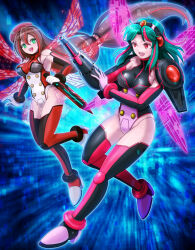 2girls absurdres arm_cannon armor bare_shoulders black_leotard blue_background breasts brown_hair dagger energy_wings full_body green_eyes green_hair hat highres holding holding_dagger holding_knife holding_weapon iris_(mega_man) kiwakiwa knife leotard long_hair medium_breasts medium_hair mega_man_(series) mega_man_x_(manga) mega_man_x_(series) multicolored_hair multiple_girls multiple_wings pink_hair pink_leotard pink_wings red_eyes red_hair red_hat red_leotard red_wings shoulder_armor streaked_hair teal_(mega_man) two-tone_hair weapon white_leotard wings