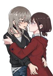 Rule 34 | 2girls, black choker, black nails, black sweater, blue eyes, blush, brown hair, choker, closed mouth, coat, commentary, girls band cry, grey eyes, grey hair, hand on another&#039;s waist, highres, iseri nina, kawaragi momoka, looking at another, multicolored hair, multiple girls, open mouth, red coat, roots (hair), short twintails, simple background, sweater, symbol-only commentary, takao (88499191), twintails, white background, yuri