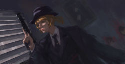 1girl absurdres black_necktie blonde_hair bolt_action coat collared_shirt dutch_angle formal_clothes girls&#039;_frontline grey_coat grey_suit gun handgun hat highres integral_suppressor integrally-suppressed_firearm lips necktie painterly shirt solo suit suppressor type_59_(artist) weapon welrod welrod_mk_ii welrod_mkii_(girls&#039;_frontline) white_shirt window_blinds