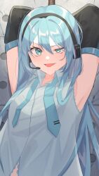 Rule 34 | 1girl, absurdres, alternate hairstyle, aqua eyes, aqua hair, aqua necktie, armpits, arms behind head, arms up, blush, breasts, detached sleeves, grey shirt, hair between eyes, hatsune miku, headphones, highres, igarashi sora, long hair, long sleeves, looking at viewer, medium breasts, necktie, open mouth, shirt, smile, solo, sweat, twitter username, unworn necktie, vocaloid