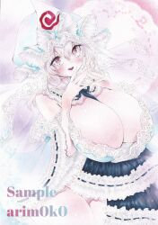 1girl arim0k0 artist_name blue_hat breasts cleavage commentary frills hat highres huge_breasts looking_at_viewer marker_(medium) mob_cap open_mouth pink_eyes pink_hair saigyouji_yuyuko sample_watermark short_hair solo touhou traditional_media triangular_headpiece watermark
