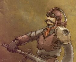 Rule 34 | 1boy, adapted costume, arm guards, armor, ascot, belt, black eyes, black facial hair, black gloves, breastplate, brown background, cheekbones, commentary request, dragon quest, dragon quest iv, facial hair, gloves, goggles, goggles on headwear, grey shirt, helmet, highres, holding, holding sword, holding weapon, looking at viewer, looking to the side, male focus, mature male, mustache, naoqat, pauldrons, pink armor, pink helmet, red ascot, ryan (dq4), sheath, shirt, shoulder armor, single pauldron, solo, steampunk, sword, traditional media, unsheathing, upper body, weapon