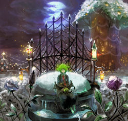 00s 2008 androgynous animal bad_id bad_pixiv_id bat_(animal) chibi_(artist) chibi_(shimon) christmas fantasy flower gender_request glasses green_eyes green_hair halloween matching_hair/eyes moon nature necktie night rose sitting snow solo tree treehouse