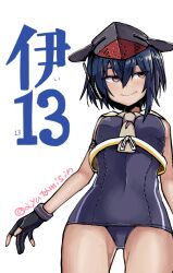 Rule 34 | 1girl, asymmetrical hair, ayutamisin, black gloves, black hair, black one-piece swimsuit, character name, closed mouth, gloves, grey neckerchief, hair between eyes, headgear, headphones, i-13 (kancolle), kantai collection, looking to the side, neckerchief, one-hour drawing challenge, one-piece swimsuit, partially fingerless gloves, sailor collar, school swimsuit, short hair, simple background, solo, swimsuit, twitter username, white background, white sailor collar