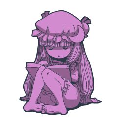 Rule 34 | 1girl, barefoot, bloomers, blunt bangs, book, closed eyes, commentary request, crescent, crescent hat ornament, full body, hat, hat ornament, long hair, mob cap, monochrome, onikobe rin, open book, open mouth, patchouli knowledge, purple theme, reading, sidelocks, simple background, sitting, solo, touhou, triangle mouth, underwear, very long hair