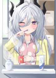Rule 34 | 1girl, absurdres, ahoge, blue archive, demon girl, demon horns, highres, hina (blue archive), hina (pajamas) (blue archive), horns, jacket, long hair, looking at viewer, mirror, pajamas, pink pajamas, polka dot, polka dot pajamas, purple eyes, shikachi, solo, very long hair, white hair, yellow jacket