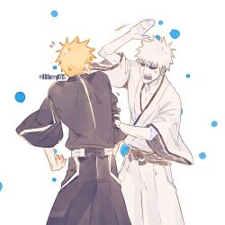 Rule 34 | 2boys, artist name, back, black pants, black sclera, black shirt, bleach, collarbone, colored sclera, colored skin, flying sweatdrops, hair between eyes, holding another&#039;s arm, hollow ichigo, japanese clothes, kurosaki ichigo, male focus, multiple boys, obi, open mouth, orange hair, pants, sash, shihakusho, shirt, simple background, slapping, solid eyes, spiked hair, sweat, twitter username, wdberry0715, white hair, white pants, white shirt, white skin, wide sleeves