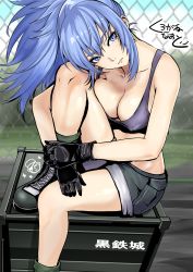 Rule 34 | 1girl, black gloves, blue eyes, blue hair, boots, breasts, combat boots, earrings, gloves, highres, jewelry, kurogane naoto (churushiko), leona heidern, long hair, military, military uniform, ponytail, shorts, signature, sitting, soldier, tank top, the king of fighters