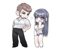 1boy 1girl arm_hair beard black_eyes black_hair breasts brown_hair chest_hair chibi cleavage commentary_request covering_own_mouth degrees_of_lewdity doren_(degrees_of_lewdity) doren_(male)_(degrees_of_lewdity) dy0urre1n facial_hair green_eyes hair_ornament hairclip highres korean_commentary large_breasts large_pectorals micro_shorts pectorals player_character_(degrees_of_lewdity) player_character_(female)_(degrees_of_lewdity) shorts socks sweatdrop white_socks