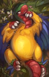 absurdres archeops blue_feathers blush claws fang feathers flower gen_5_pokemon grass highres leaf looking_at_viewer lying metalisk nintendo no_humans on_back pokemon pokemon_(creature) solo tail white_flower yellow_feathers