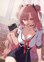 1girl absurdres black_skirt blue_archive bow bowtie bracelet breasts cellphone choker cleavage closed_mouth collared_shirt double_bun fang fang_out hair_bun hairband halo hand_up high-waist_skirt highres holding holding_phone horn_hairband indoors jewelry jjigong_chigon kirara_(blue_archive) long_hair long_sleeves looking_at_viewer loose_bowtie necklace phone pink_hair red_eyes shirt shirt_tucked_in sitting skirt sleeves_rolled_up small_breasts smartphone solo tongue tongue_out v white_shirt window