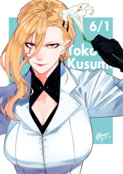 Rule 34 | 1girl, black gloves, black torch (takaki tsuyoshi), blonde hair, breasts, cleavage cutout, clothing cutout, earrings, facial tattoo, flower, formal clothes, gloves, hair between eyes, highres, holding, holding flower, jewelry, large breasts, long hair, looking at viewer, ponytail, signature, simple background, solo, suit, takaki tsuyoshi, tattoo, white background, white suit