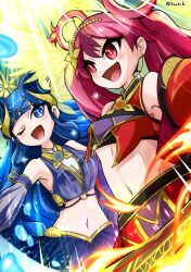 Rule 34 | 3zukie, bare shoulders, blue eyes, blue hair, breasts, cowboy shot, duel monster, fire, ha-re the sword mikanko, highres, light rays, long hair, navel, ni-ni the mirror mikanko, one eye closed, open mouth, red eyes, red hair, revealing clothes, uzuhime the manifested mikanko, water, yu-gi-oh!
