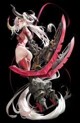 1girl absurdly_long_hair absurdres agoto armored_boots arms_behind_back ass backless_leotard black_background boots breasts closed_mouth commentary facial_mark floating_hair from_side grey_hair high_heel_boots high_heels highleg highleg_leotard highres huge_horns huge_weapon large_breasts leotard long_hair looking_at_viewer original red_eyes red_thighhighs simple_background skindentation solo thighhighs thong_leotard very_long_hair weapon