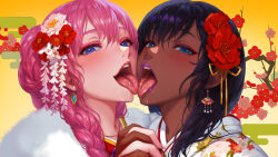 2girls black_hair blue_eyes blush commentary_request dark-skinned_male dark_skin flower french_kiss hair_flower hair_ornament highres holding_hands kiss multiple_girls open_mouth original pink_hair teeth tongue tongue_out upper_teeth_only yuri yuritamashi