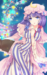 1girl blue_background blue_bow book bow bowtie breasts capelet collar commentary_request crescent crescent_hat_ornament dress feet_out_of_frame frilled_capelet frills hat hat_ornament highres holding holding_book light_blush long_hair long_sleeves magic medium_breasts mob_cap open_book open_mouth patchouli_knowledge pink_capelet pink_dress pink_hat purple_dress purple_eyes purple_hair red_bow red_bowtie solo star_(symbol) striped_clothes striped_dress swami touhou white_collar