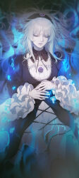1girl absurdres black_collar black_dress black_hairband black_ribbon blue_fire blunt_bangs closed_eyes closed_mouth collar colored_skin commentary_request cowboy_shot cross-laced_clothes cross-laced_dress detached_collar dress expressionless fire floating_hair flower frilled_dress frilled_hairband frilled_sleeves frills gootai gothic_lolita hair_ribbon hairband highres layered_dress lolita_fashion lolita_hairband long_hair long_sleeves neck_ribbon purple_flower purple_rose ribbon rose rozen_maiden solo suigintou white_dress white_hair white_skin