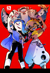 1boy 2girls absurdres arm_up big_man_(splatoon) black_leggings blonde_hair blue_hair blue_shawl blue_tongue breasts chest_sarashi colored_extremities colored_eyelashes colored_tongue commentary_request crop_top cross-shaped_pupils dark-skinned_female dark_skin earrings fangs frye_(splatoon) gradient_hair hair_ornament hair_over_one_eye hand_on_own_hip harem_pants highres holding holding_mask inkling jewelry keijou_(cave) leggings letterboxed long_eyelashes long_pointy_ears looking_at_viewer mask medium_hair midriff multicolored_hair multiple_earrings multiple_girls navel nintendo octoling one_eye_closed one_eye_covered open_mouth pale_skin pants parted_bangs pointy_ears purple_hair red_background red_eyes sarashi see-through_clothes see-through_shawl shawl shirt shiver_(splatoon) small_breasts smile splatoon_(series) splatoon_3 symbol-shaped_pupils tentacle_hair torn_clothes torn_leggings torn_pants unworn_mask white_pants x_hair_ornament yellow_eyes yellow_shawl yellow_shirt