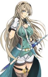 1girl braid breasts brown_hair commentary cowboy_shot crown_braid eiyuu_densetsu elaine_auclair english_commentary floating_hair gloves green_eyes hair_between_eyes highres kuro_no_kiseki_(series) kuro_no_kiseki_i large_breasts long_hair looking_at_viewer parted_bangs simple_background smile solo sword vest waistcoat weapon white_background zeeta_no_kiseki