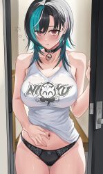 Rule 34 | 1girl, absurdres, aqua hair, aqua streaks, bare arms, bare shoulders, black choker, black hair, black panties, blush, breasts, choker, cleavage, clothes lift, collarbone, doorway, earrings, film grain, hair between eyes, hand on own stomach, highres, hololive, hololive dev is, jewelry, large breasts, looking at viewer, medium hair, mino (miiiinon611), mole, mole on neck, multicolored hair, navel, open door, opening, panties, parted lips, print tank top, red eyes, rindo chihaya, shirt lift, solo, squeans, streaked hair, tank top, thick thighs, thigh gap, thighs, underwear, virtual youtuber, white hair, white streaks, white tank top