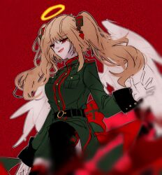 1girl angel angel_wings blood blurry blurry_foreground brown_hair funamusea gloves haiiro_teien halo kakketsu long_hair lowres military_uniform rigatona_(funamusea) solo twintails white_gloves wings